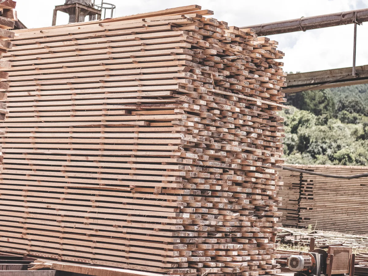Air-drying pine lumber stacks at the SAFCOL Timbadola Sawmill - the raw material donated to Sinikiwe Ithuba